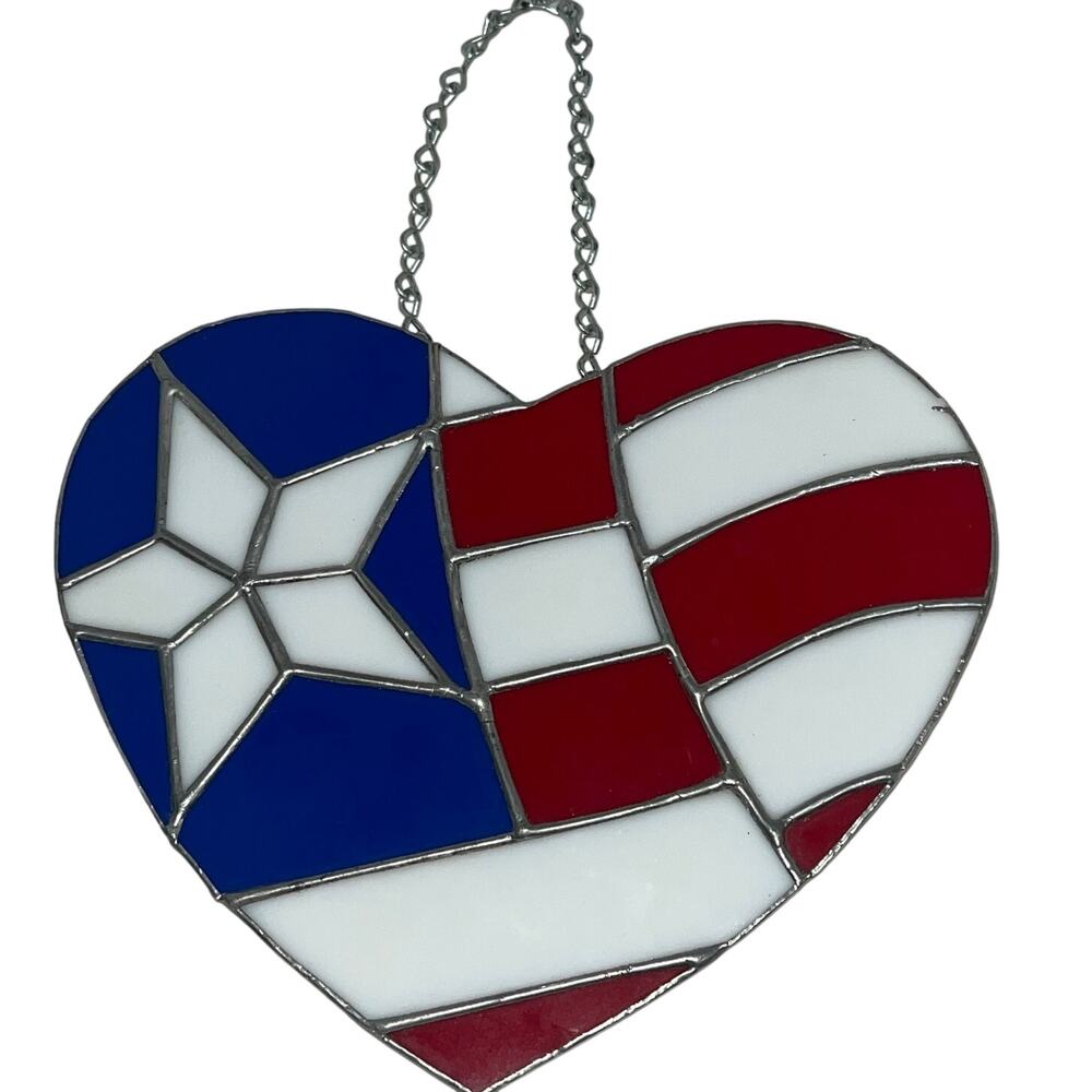 Red White Blue Flag Stain Glass Heart Handmade Suncatcher Window Patriotic Decor